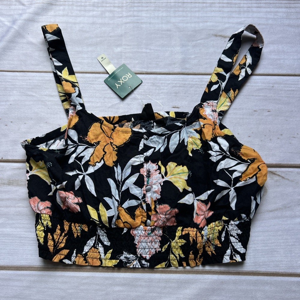 Roxy Black and Yellow Fitted Crop Tank Top